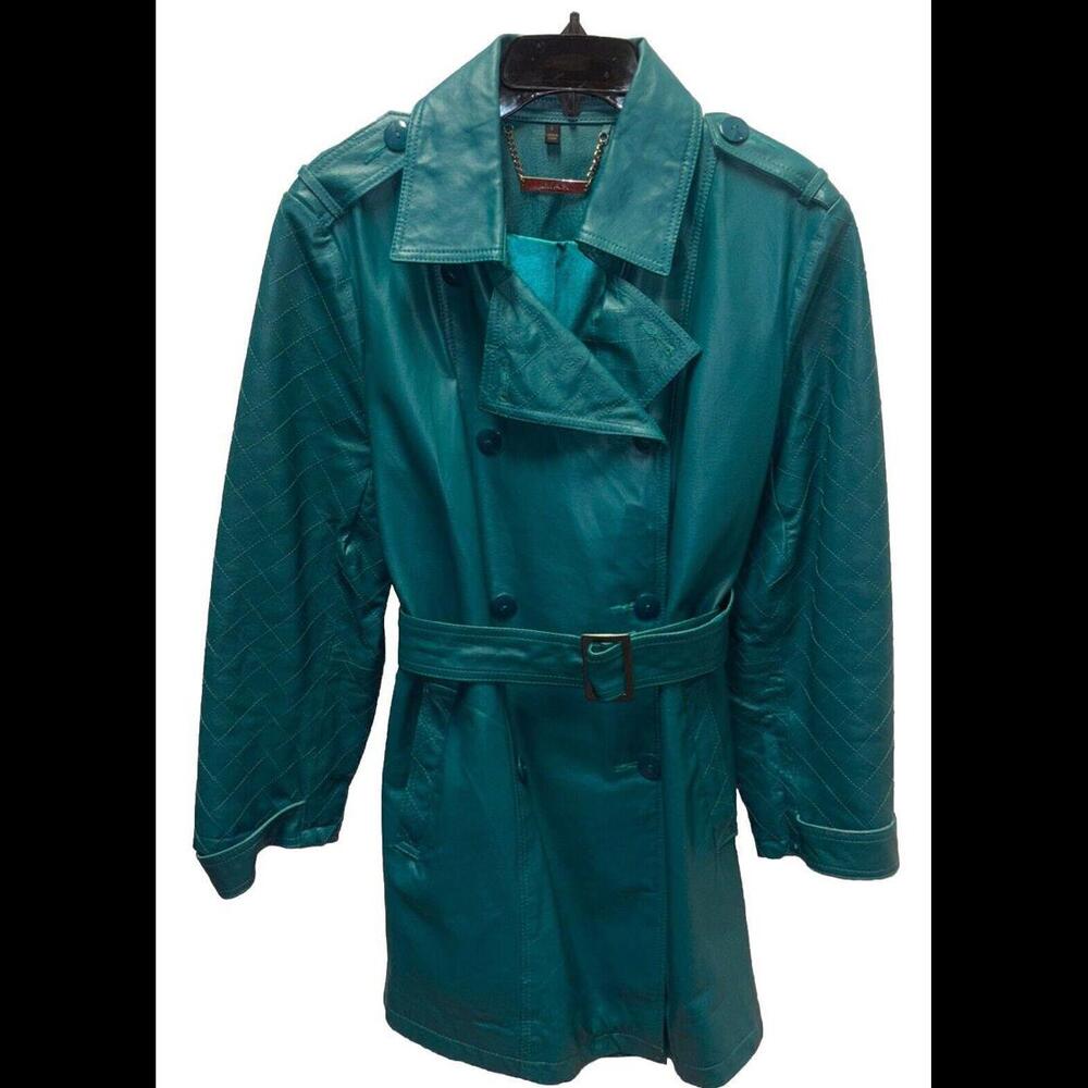 👠🧥💚 Iman Green leather Women’s Double Breasted Trench Coat Size L